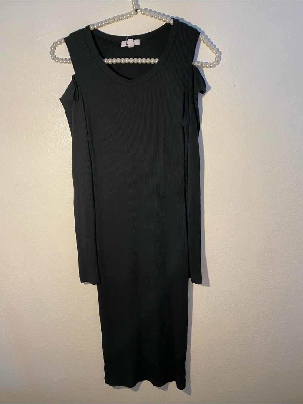 LNA Black ribbed knit midi dress with open shoulder long sleeves size XS